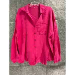 Oversized Gauzy Button Down Bright Pink Top Long Sleeve Shirt Relaxed Fit 4XL